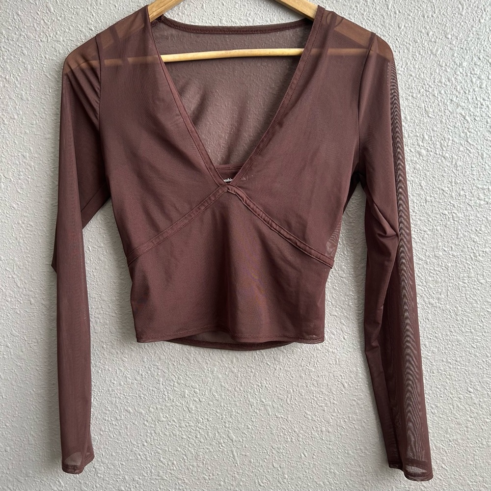 Abercrombie & Fitch Brown Sheer Long Sleeve Top‎ Built In Cami Tank Top